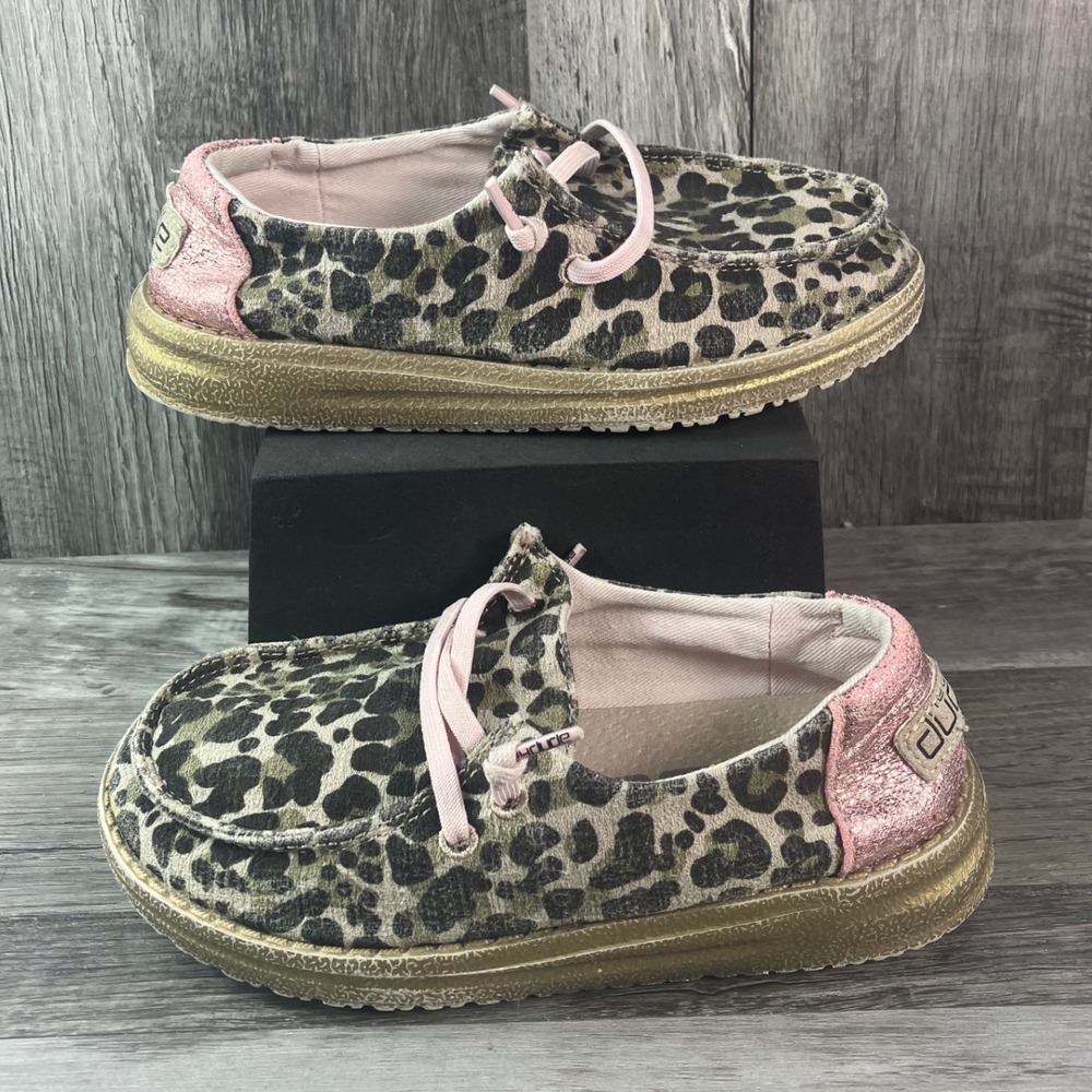 Hey Dude Wendy Youth Leopard Print Pink Glitter Gold Shoes Kids Size 11 USK11